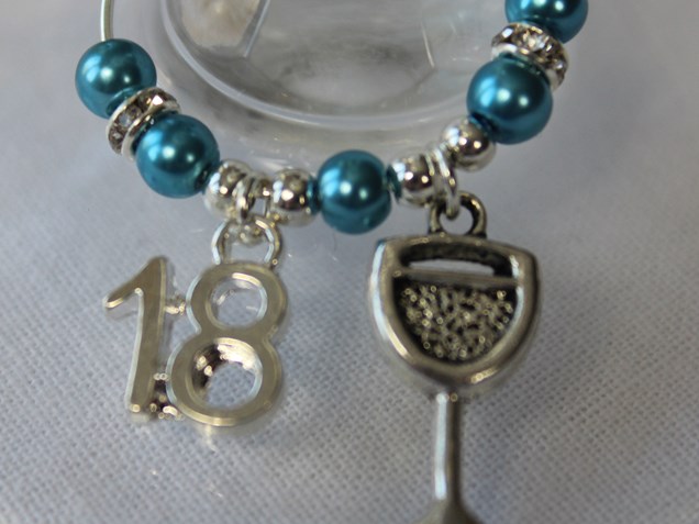 18th wine glass charm Teal close up